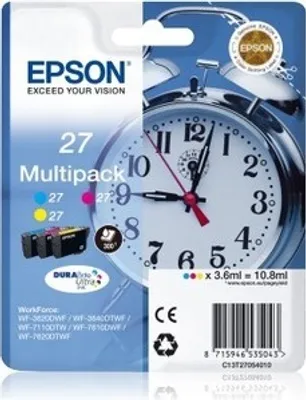 Produktbild von Epson Alarm clock Multipack 3-colour 27 DURABrite Ultra Ink, Cyan, Magenta, Gelb, Tinte auf Pigmentbasis, 3,6 ml, 1 Stück(e), 300 Seiten, Multipack