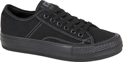 A black canvas sneaker with white stitching and a black sole, shown from a side angle against a white background.