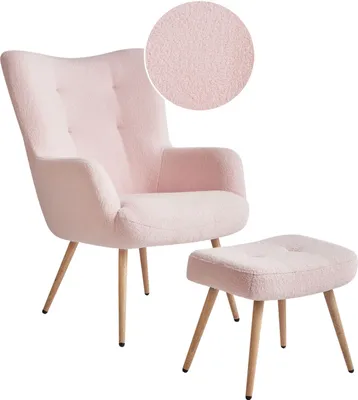 Produktbild von BELIANI Ohrensessel mit Hocker Pastellrosa Stoffbezug Bouclé Gesteppt Teddy-Optik Metallbeine Wohnzimmer Schlafzimmer Sessel Polstersessel Armsessel