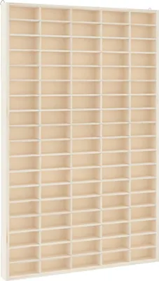 A wooden display shelf with many compartments.