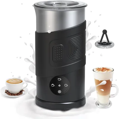 A milk frother with a cup of coffee and a glass of latte.