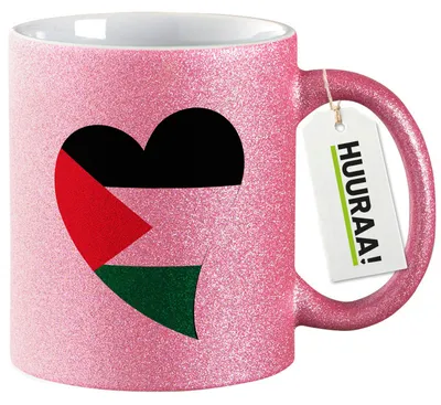Produktbild von Huuraa Glitzertasse Palästina Flagge Herz 330ml Pink Keramik Kaffeebecher Geschenkidee