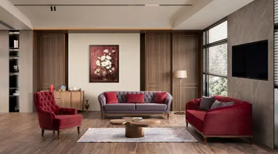 Productafbeelding van Woonkamer set in bourgondiërrood, met stoffen banken, designmeubels