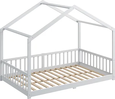 Produktbild von CADANI Malte Hausbett 120x200 cm Bodenbett, Rausfallschutz abnehmbar, bis 200 kg belastbar, Montessori Kinderbett weiß, Kiefer Massivholz