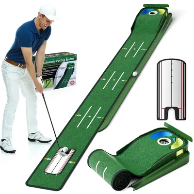 Produktbild von Golf Puttmatte - Trainingsmatte - Automatische Ballrückgabe - Tragbar - Indoor und Outdoor Training - Putting Green - Grün