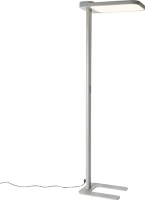 A modern gray floor lamp with a rectangular light panel and a slim stand, shown against a white background.