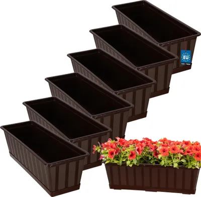 Immagine prodotto di KOTARBAU® 6 pezzi Fioriera da Esterno PVC 50x18x14cm Marrone Vaso Rettangolare con Sottovaso Vasi Per Piante da Esterno Fioriere da Balcone