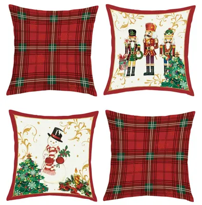 Kissenbezüge 45x45 cm, 4 Stück, Weihnachtsmotiv, rot kariert