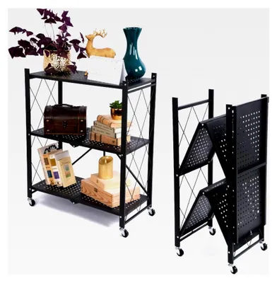 Produktbild von Klappbares Regal mit Rollen, 3 Etagen, Faltbare Aufbewahrungseinheit, 150 kg Tragfähigkeit, Metallregal Schwarz, Klappregal für Küche und Büro