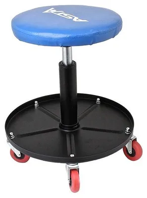 A blue and black rolling stool with red wheels.