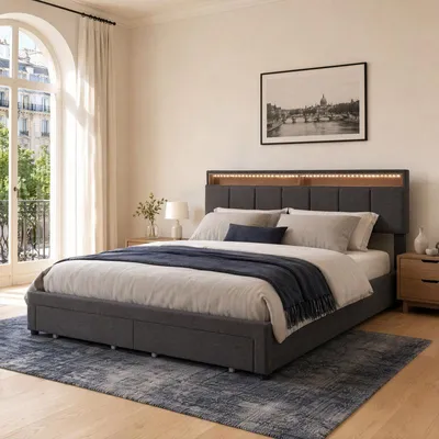 Produktbild von ProximaX Polsterbett 180x200 cm grau Leinenoptik mit LED, Stauraum und Lattenrost