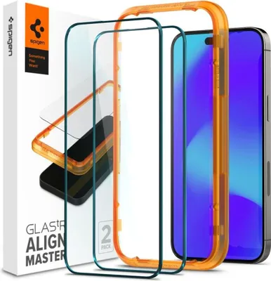 A product shot of Spigen iPhone 14 Pro screen protectors and an alignment tool, presented with its packaging.