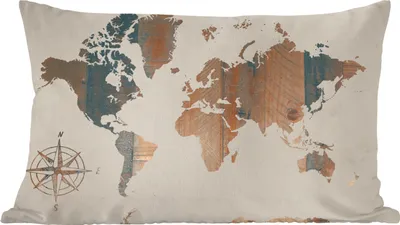 Produktbild von MuchoWow® Zierkissen Sofakissen Wohnzimmer Dekokissen 50x30 cm Weltkarte - Holzbrett - Windrose - Wohnzimmerdekoration - Polster mit Photo