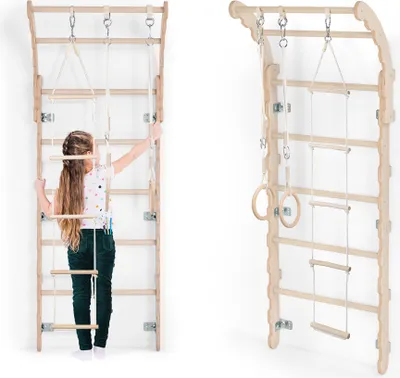 Image de MAMOI® Espalier en bois, Mur escalade suedois pour enfant, Échelle suedoise pour bebe, Jeux descalade et gym avec accessoires