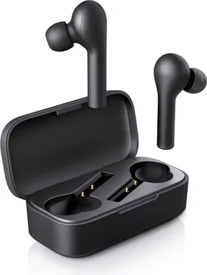 A pair of black wireless earbuds and their charging case are displayed against a white background.