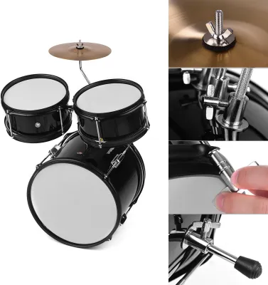 Zdjęcie produktu dla 3-częściowy zestaw perkusyjny dla dzieci i młodzieży, zestaw perkusyjny, perkusyjny instrument muzyczny z talerzami, pałeczkami, regulowanym stołkiem