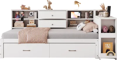 Produktbild von okwish Jugendbett 90x200 Schlafsofa mit Staufächer und Regale,Stauraumbett Kinderbett mit Stauraum und Schubladen,mit Multifunktionssteckdose und Schreibtisch,weiß-ohne Matratze