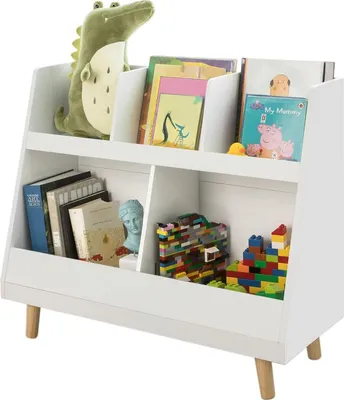 Produktbild von SoBuy Kinderregal Bücherregal Ablagefach für Kinder Kinderbuchregal mit 5 Fächern Massivholzbeine - Weiß