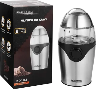 Immagine prodotto di KRAFT&DELE | Macinacaffè elettrico 300W | Contenitore per i chicchi da 60 g | Contenitore e lame in acciaio inox | Macinatura fine | Custodia per il cavo | Argento