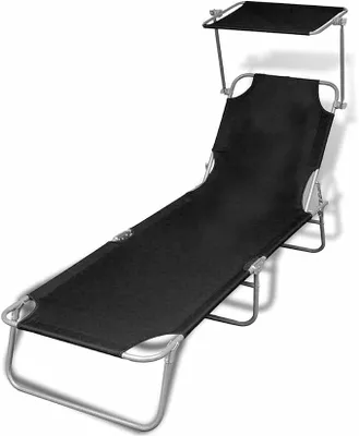 Productafbeelding van Klappstoel met zonnedak, staal en stof, zwart. Strandstoel met verstelbare rugleuning, geschikt voor tuin, balkon, terras, camping, strand en zwembad