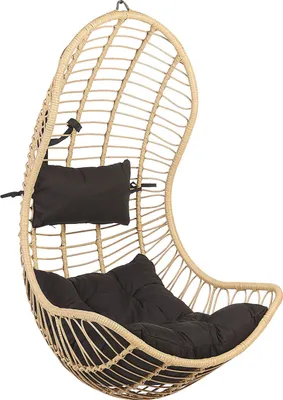 A hanging chair with cushions, isolated on a white background.