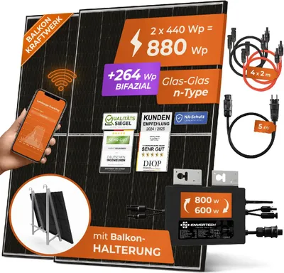 Produktbild von Solarway® 880W Balkonkraftwerk 800W komplett Steckdose - neuester 800 Watt Wechselrichter - Solaranlage - 440W bifaziale Solarmodule & Envertech & Balkon Flachdach Halterung