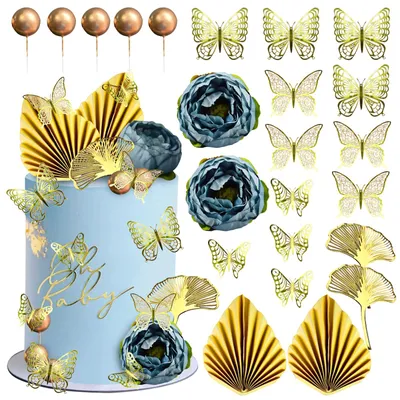 Tortendeko-Set 23-teilig, Blau, Gold, Schmetterlinge, Blumen, Boho-Stil