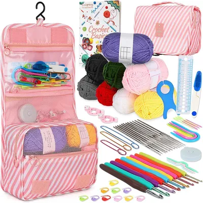 Productafbeelding van Haakset met etui en garen, 63-delig, roze gestreept, voor beginners