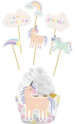 Imagen del producto de Folat 68303 Set de decoración para cupcakes "Unicornios y arcoíris" - 12 piezas