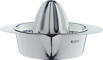 A shiny, metallic citrus juicer sits against a white background.