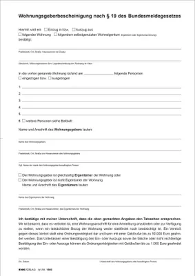 Produktbild von RNK Wohnungsgeberbescheinigung A4 nach § 19 Bundesmeldegesetz (BMG)