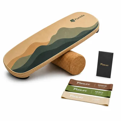 Produktbild von FunLife ALPINE Balance Board Set mit Korkrolle & 3 Fitnessbändern, Gleichgewichtstrainer aus Birkenholz für Core-, Balance- & Krafttraining zu Hause, KI-generiertes Bild