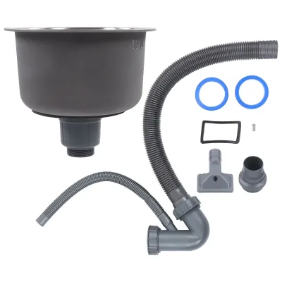 A collection of plumbing parts for a sink, including a sink basin, drain pipe, and flexible hoses, laid out on a white background.