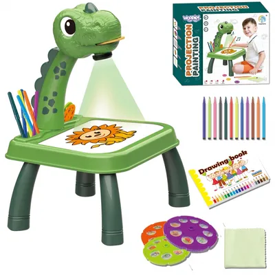 Produktbild von Woopie Zeichentisch Projektor Dinosaurier mit Trockenlöschtafel, inkl. 12 Stifte, 3 Scheiben, Tuch, ab 3 Jahren, 3x AA (ohne Batterien)