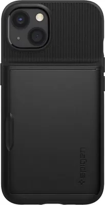 A black Spigen Slim Armor CS case for an iPhone 13 is shown from the back.