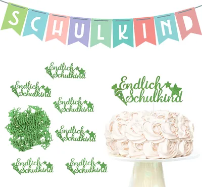 Produktbild von Oblique Unique Schuleinführung Schulanfang Einschulung Deko Set - Schulkind Girlande + Torten Topper + Konfetti Set