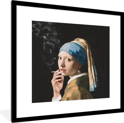 Produktbild von MuchoWow® MuchoWow® Gerahmtes Poster Das Mädchen mit dem Perlenohrring - Vermeer - Rauchen 40x40 cm - Poster mit zchwarzem Bilderrahmen - Poster - Plakat im Rahmen