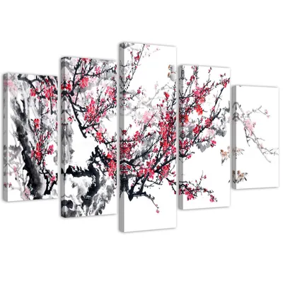 Produktbild von 5-teiliges leinwandbild japanischer kirschbaum 200x100 cm Feeby rosa wandbild bereit zum aufhängen