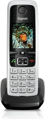 A Gigaset C430 HX cordless phone in its charging cradle, with a clownfish wallpaper displayed on the screen.