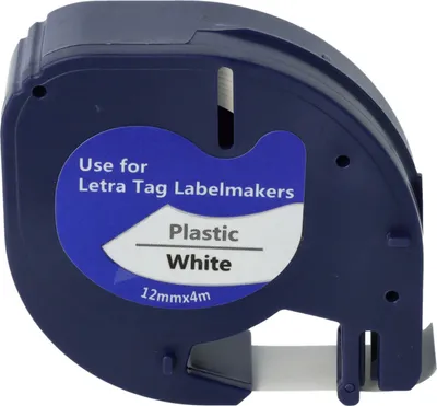 Produktbild von vhbw Schriftband-Kassette Plastik kompatibel mit Dymo LetraTag LT-100H, LT-100T, QX50, XR, 200B Etiketten-Drucker 4m x 12mm Schwarz auf Weiß