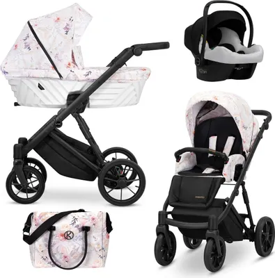 Immagine prodotto di Carrozzina Kunert Ivento 3in1 in bianco/rosa con telaio nero e fiori delicati