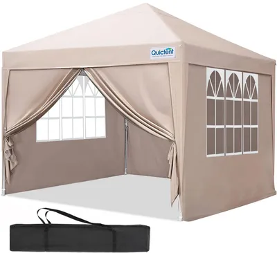 Produktbild von Quictent Pavillon 3x3 Faltpavillon mit 4 Seitenteilen, Wasserdicht Gartenpavillon mit 4 Sandsäcken & Rolltasche,Partyzelt Gartenzelt, Beige