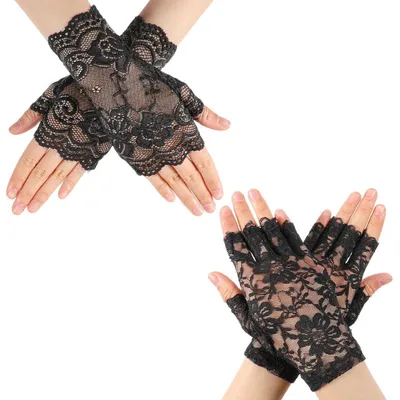 Zdjęcie produktu dla Rękawiczki damskie bez palców, koronkowe, 2 sztuki, nylon, 18,5 cm, czarne