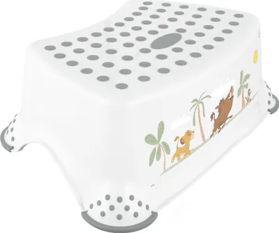 A white step stool with cartoon characters from The Lion King printed on the side.