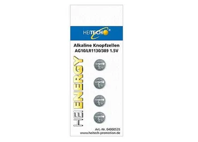 Zdjęcie produktu dla Zestaw 4 alkalicznych baterii guzikowych AG10 HEITECH 1,5 V - baterie guzikowe o długiej żywotności