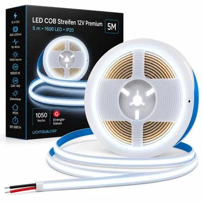 Produktbild von MasterLED LED COB Streifen 5 m, 12V DC, 320 LEDs m, 10 Wm, 6500K Kaltweiß, IP20, dimmbar