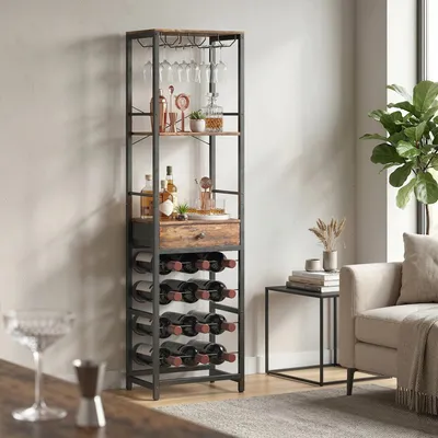 Produktbild von Barschrank Weinregal, Weinbar-Schrank mit Glashalter, Industriell Rustikal, Spanplatte Metall, Braun  |  10 kg  |  12 Flaschen  |  40 x 30 x 148 cm