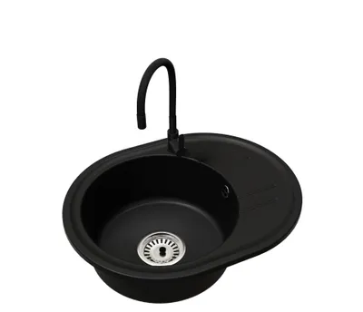 Produktbild von Einbeckige Küchenspüle Bella mit Chrom-Siphon und schwarzer Armatur Flex