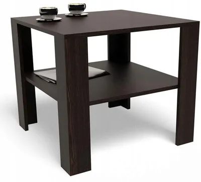 A dark brown square coffee table with a shelf underneath, shown on a white background.
