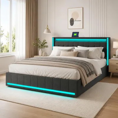 Produktbild von INONEFT Doppelbett Stauraumbett 140x190cm, Polsterbett mit 4 Schubladen, Jugendbett mit LED USB und Type-C, Bett mit Lattenrost, Dunkelgrau Leinen, KI-generiertes Bild